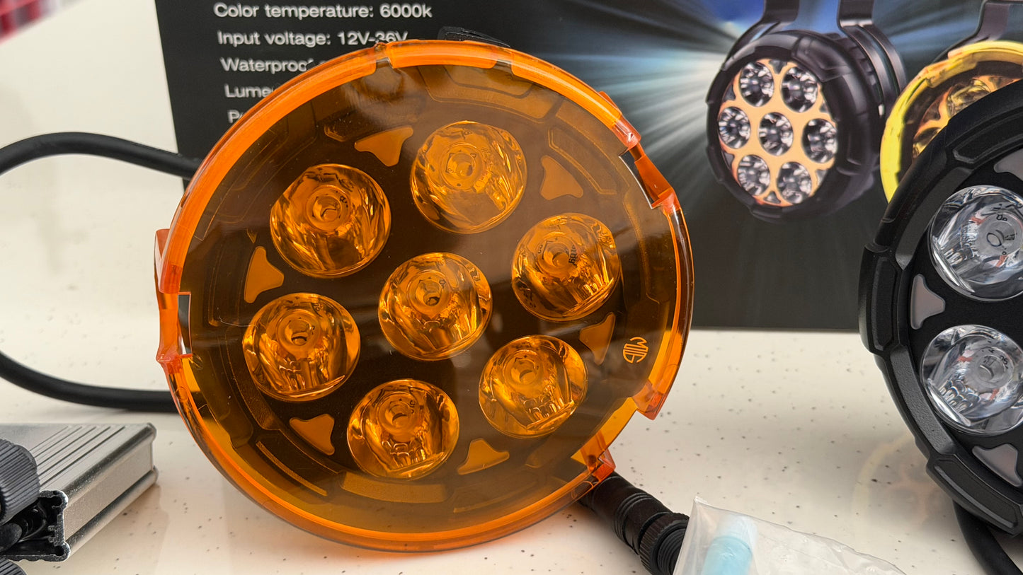 Moto Genius VK 70 Pro Fog Lights – 90W LED with DRL, Wiring Harness, Mounts & Yellow Solid Covers | Ultra Bright Touring Lights