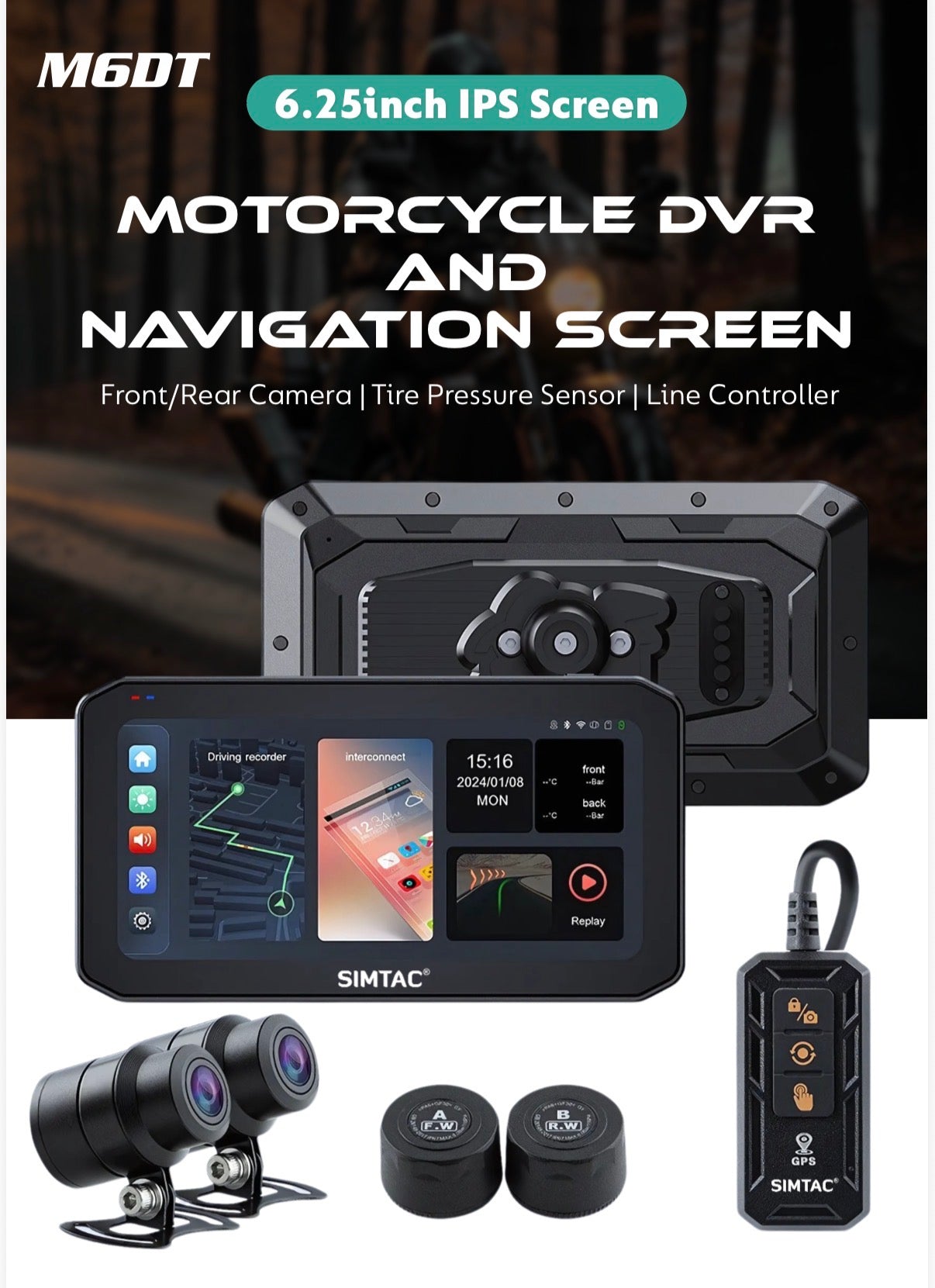 Simtac M6 DT Smart Screen for Bikes – Dual Camera 1080P, 6.25” Display, WiFi & Bluetooth