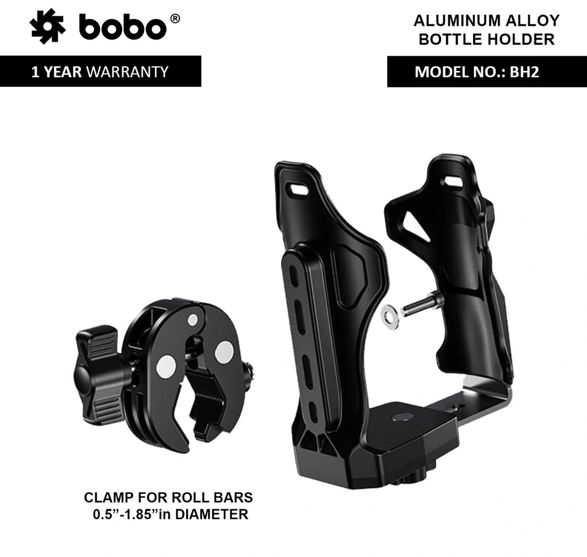 BOBO BH2 Universal Motorcycle Bottle Holder – Adjustable Handlebar Mount | Secure Water Bottle Cage | Quick Release | Black