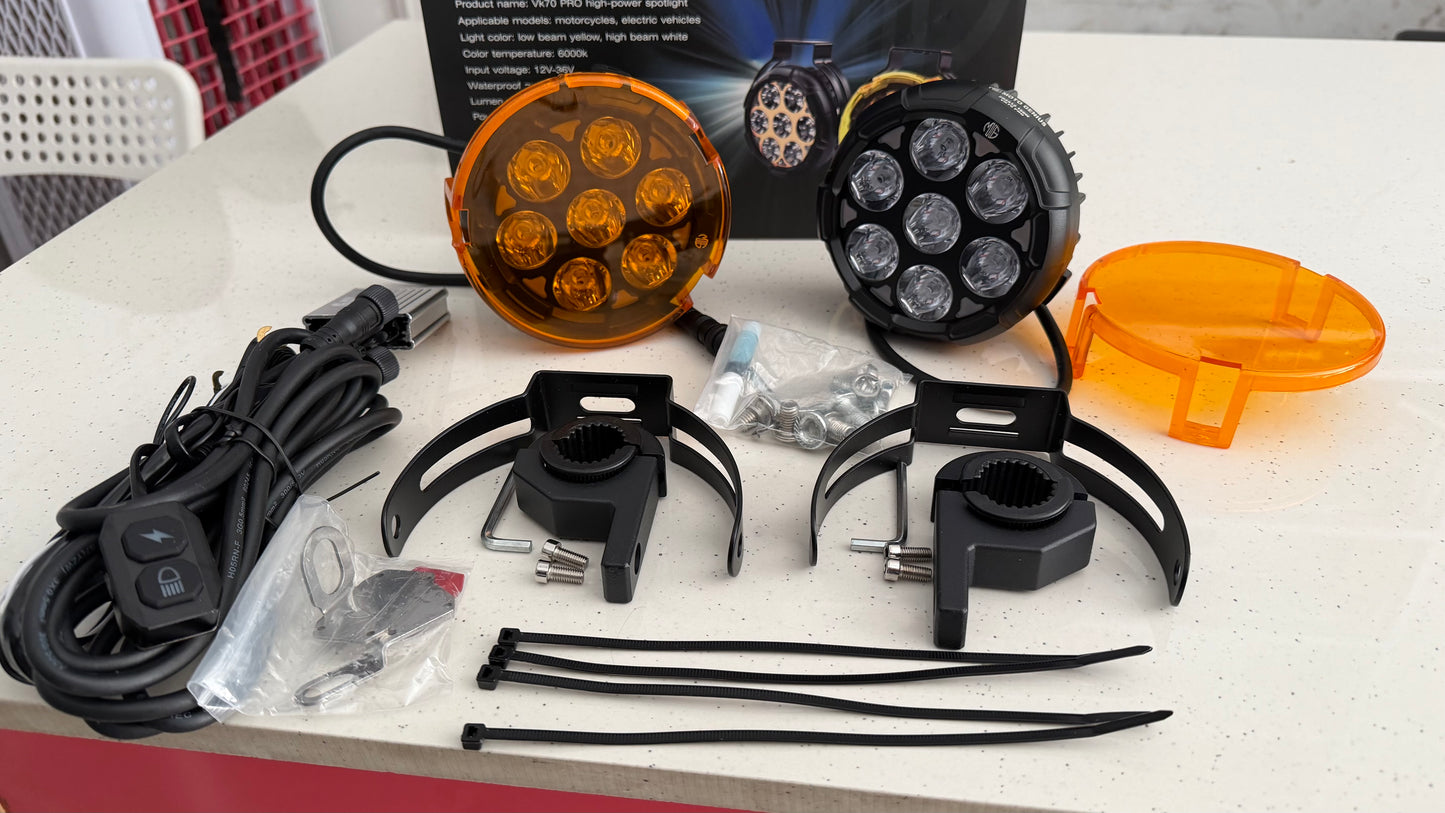 Moto Genius VK 70 Pro Fog Lights – 90W LED with DRL, Wiring Harness, Mounts & Yellow Solid Covers | Ultra Bright Touring Lights