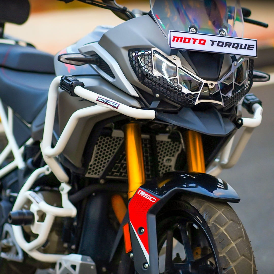 Moto Torque Stallion Pro Crash Guard for TVS Apache RTX 300 – Heavy-Duty Mild Steel Guard with 4 Impact-Absorbing Sliders | Black, RED & White