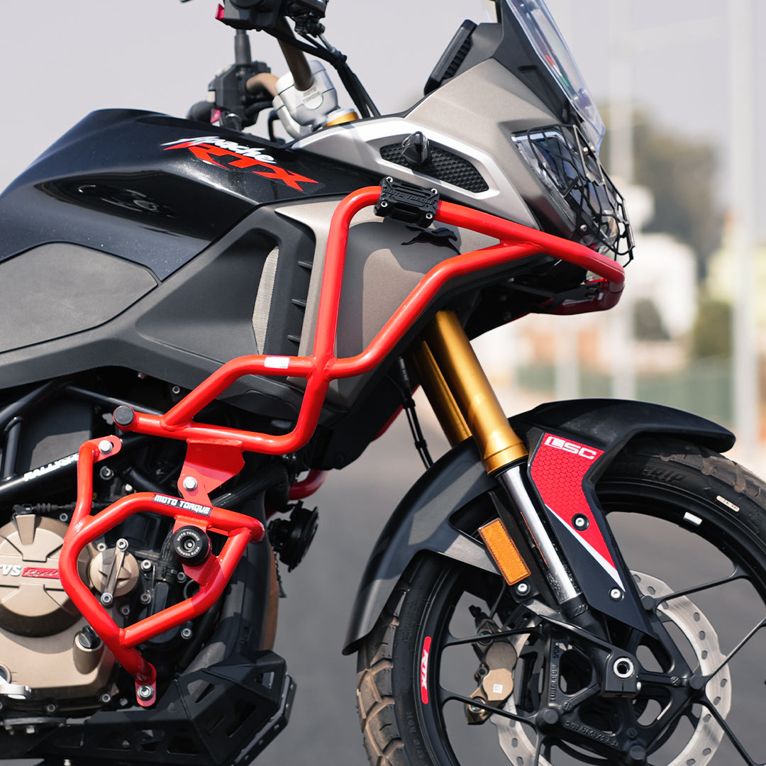 Moto Torque Stallion Pro Crash Guard for TVS Apache RTX 300 – Heavy-Duty Mild Steel Guard with 4 Impact-Absorbing Sliders | Black, RED & White