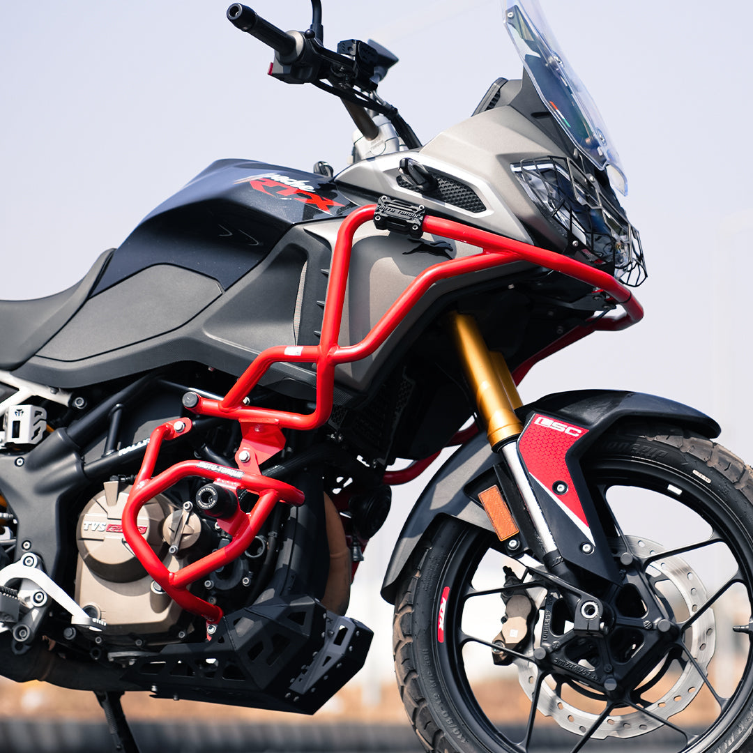 Moto Torque Stallion Pro Crash Guard for TVS Apache RTX 300 – Heavy-Duty Mild Steel Guard with 4 Impact-Absorbing Sliders | Black, RED & White
