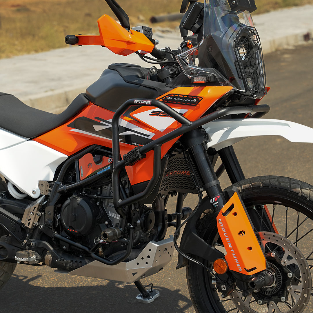 Black Crash Guard for KTM 250 Adventure / KTM 390 Adventure / Adventure X – Heavy-Duty Mild Steel with X-Protect Polymer Sliders BLACK & ORANGE
