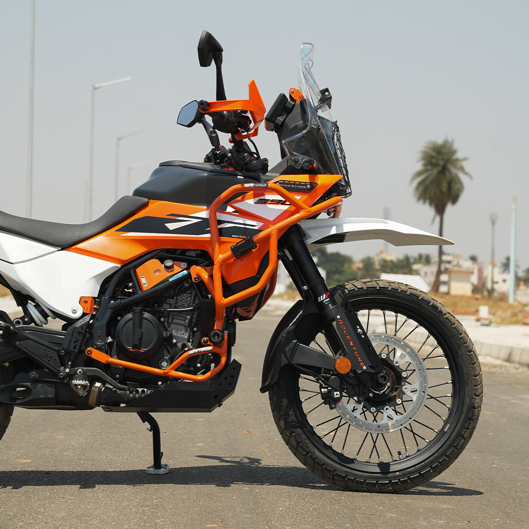 Black Crash Guard for KTM 250 Adventure / KTM 390 Adventure / Adventure X – Heavy-Duty Mild Steel with X-Protect Polymer Sliders BLACK & ORANGE