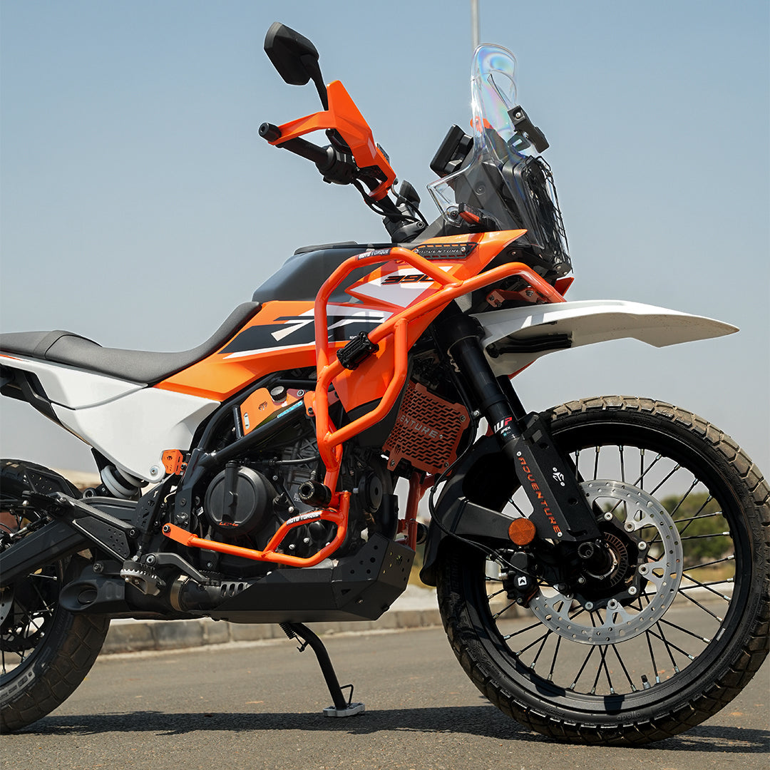 Black Crash Guard for KTM 250 Adventure / KTM 390 Adventure / Adventure X – Heavy-Duty Mild Steel with X-Protect Polymer Sliders BLACK & ORANGE